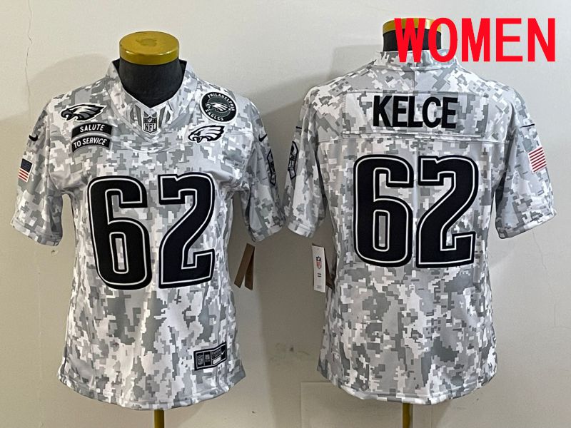 Women Philadelphia Eagles 62 Kelce Nike Arctic Camo 2025 Salute to Service Limited NFL Jersey style 4